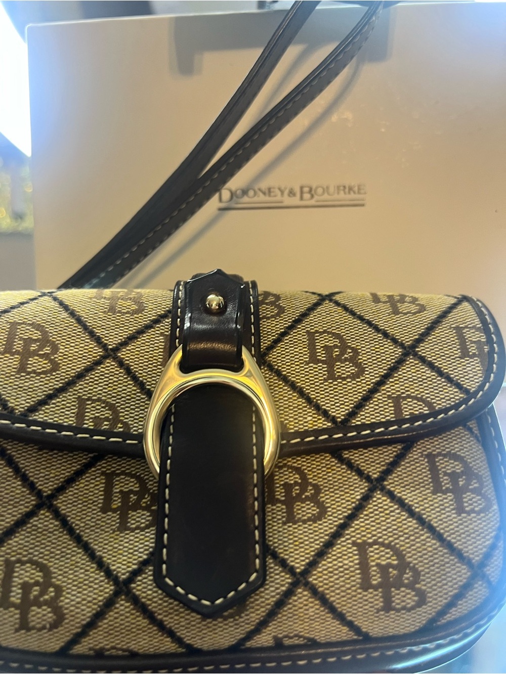 Dooney & Bourke Beige Logo Crossbody with Black Trim and Gold Hardware